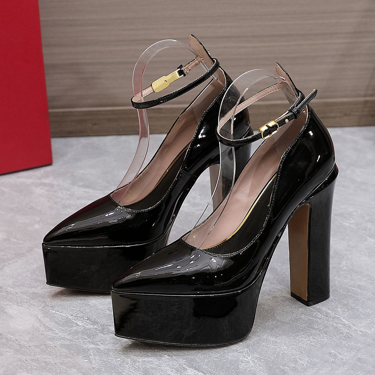 

Tan-Go Platform Pumps Heels shoes Chunky Block heeled Pointed toe women's luxury designers Patent Leather outsole Lady's Evening Dress shoes factory footwear, White