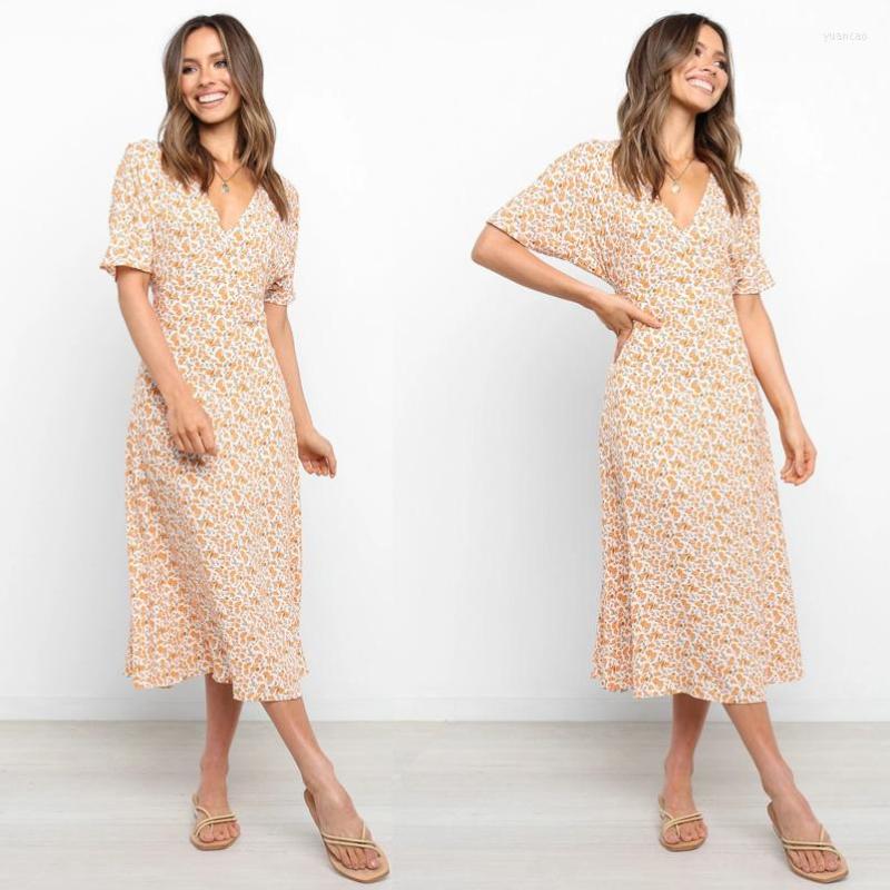 

Casual Dresses Summer Women 2023 Fashion Bat Sleeve Printed V-neck Slim Long Dress Boho Beach, Yellow