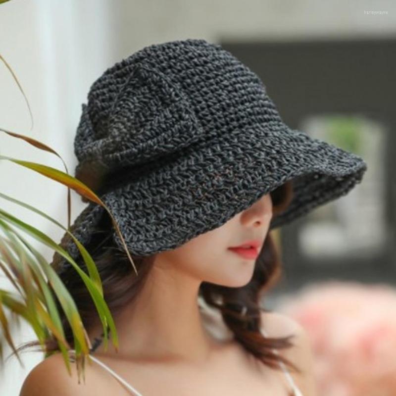 

Wide Brim Hats Women Straw Hat Bow-knot Decor Fisherman Solid Color Curled Edge Lady Summer Foldable Vacation Sun Cap, Black