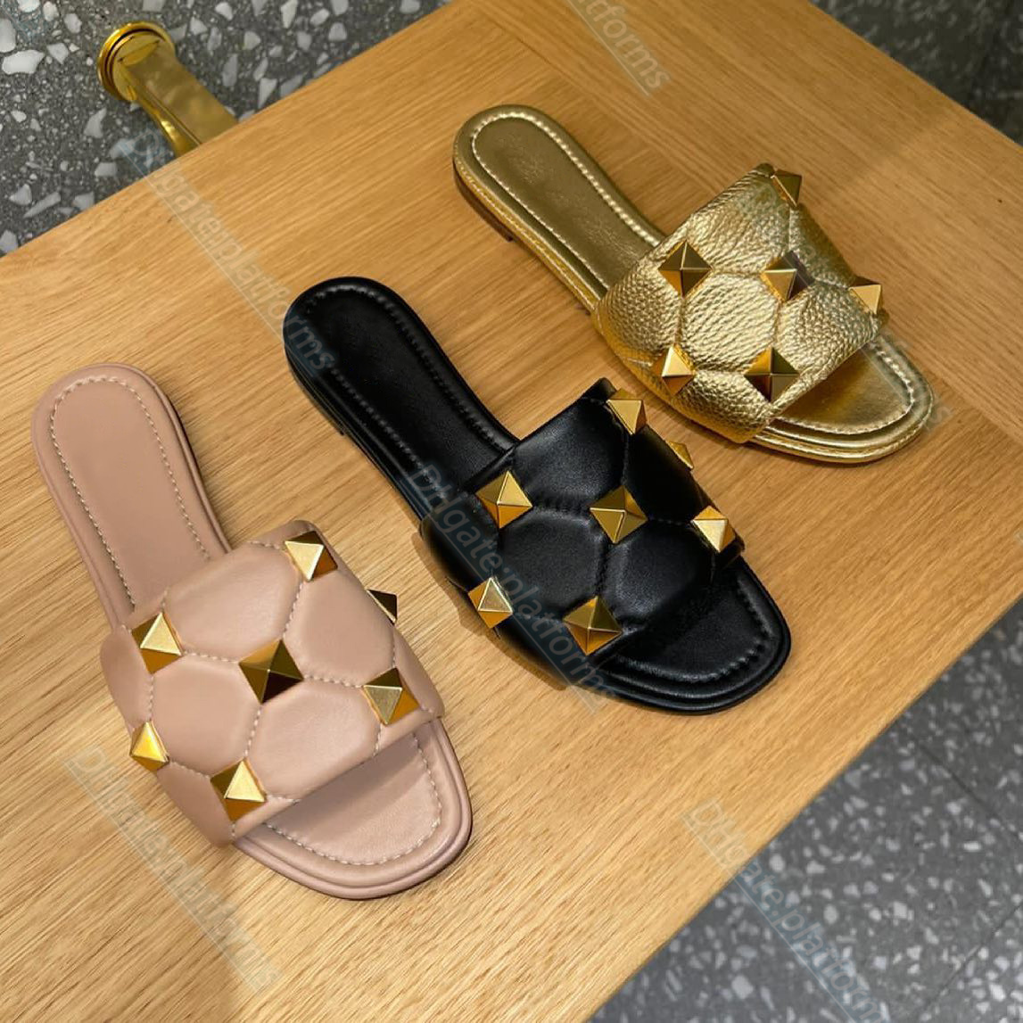 

luxury slide designer women sandal man slipper quilted nappa leather confort rivet flat sandal ROMAN STUD summer beach Outdoor shoe with box, #3