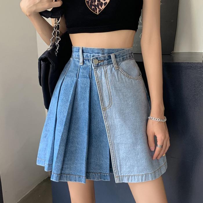 

Skirts Denim Pleated Skirts Women Patchwork S-4XL Fake-two Pieces Panelled Trendy High Street Empire Loose Mini Harajuku Chic 230413, Blue
