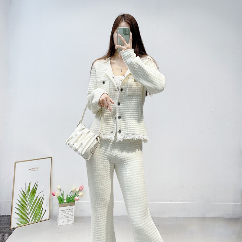 

Women's Jackets Sandro fringed tweed knit cardigan high waist micro-pull knitted trousers suit, White