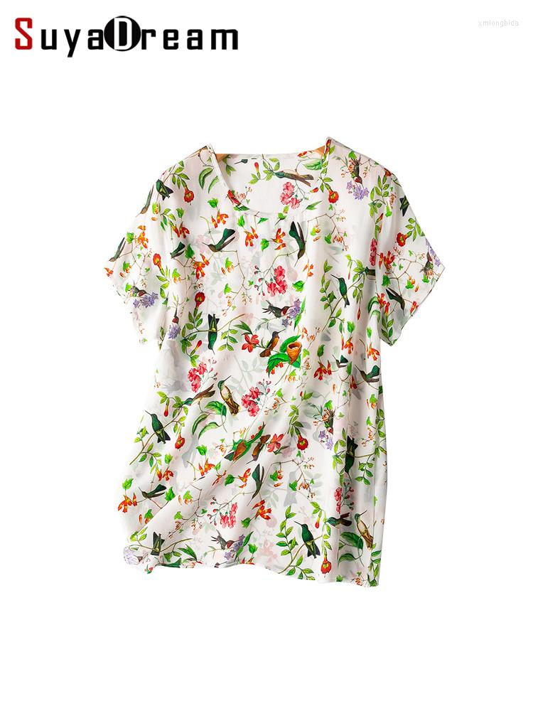 

Women's T Shirts SuyaDream Women Floral Shirt Silk Crepe De Chine Printed O Neck Summer Top 2023 Red Blouses, White