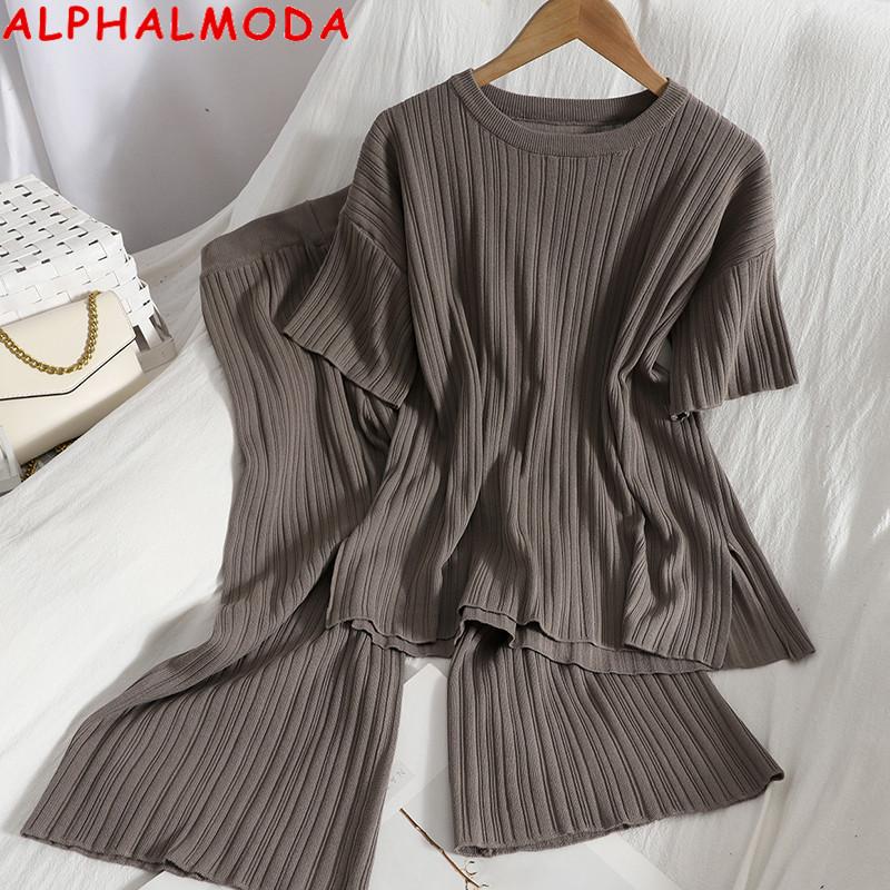 

Women's Two Piece Pants ALPHALMODA 2023 Early Autumn Arrival Loose Short-sleeved Sweater Wide-leg Women Casual 2pcs Knitting Suit, Beige