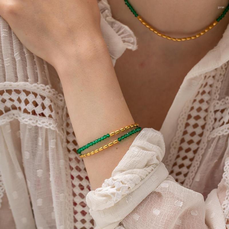 

Necklace Earrings Set Green Crystal Gold Bead Double Chain Bracelet For Women Stainless Steel Plated 18K Watertight Jewelry, Picture shown