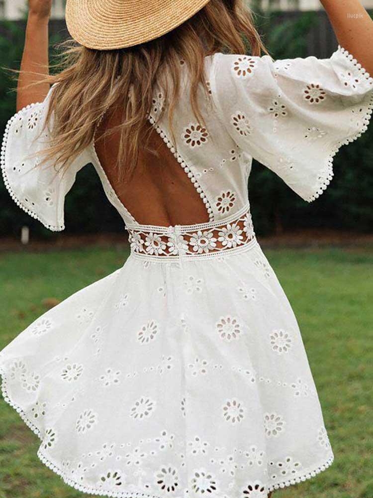 

Casual Dresses Cacocala Summer Flare Sleeve Cotton White Lace Dress Women Ladies Short Backless Hollow Female Out Vestidos