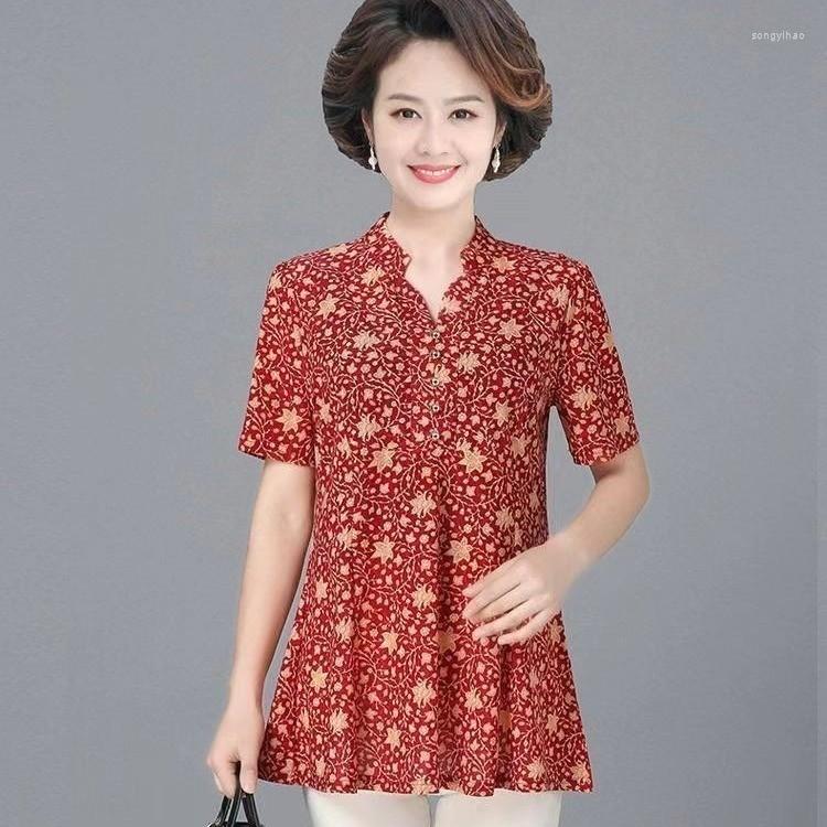

Women's Blouses V-Neck Floral Vintage Woman Thin Fashion Elegant Button Short Sleeve Printed Pullovers Shirt Women's Clothing Summer, Red