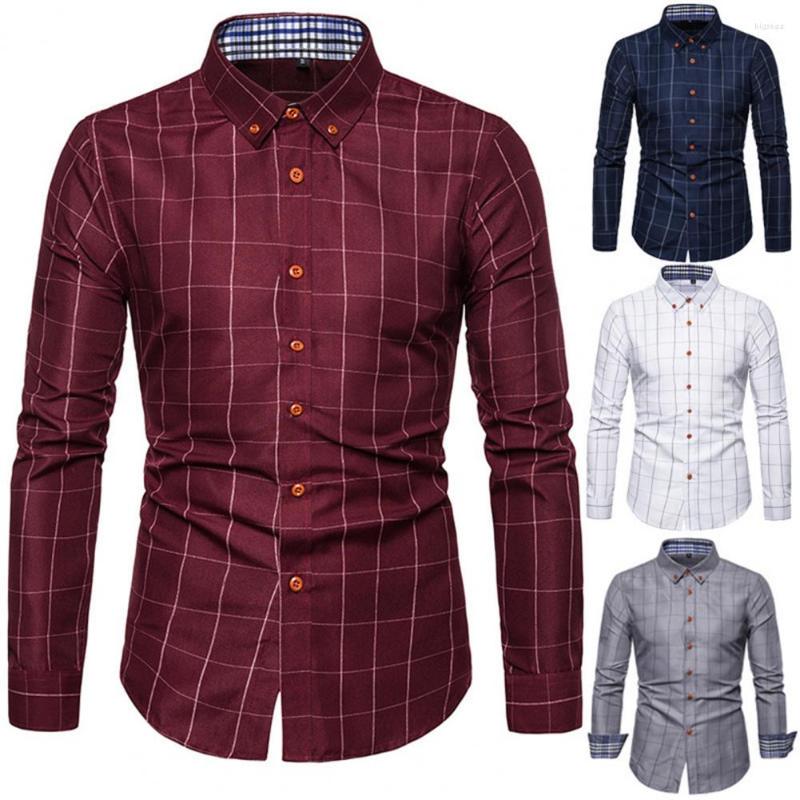 

Men's Casual Shirts Men Shirt Plaid Print Long Sleeve Autumn Button Single-breasted Formal Top Mid Length Dress-up Business, Navy blue