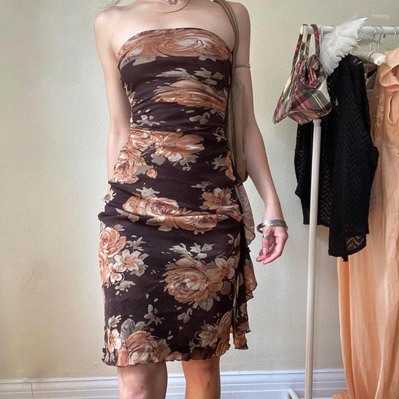 

Casual Dresses Vacation Outfits Ruffles Elegant Birthday Dress Vintage Floral Print Mesh Strapless Beach For Women 2023 Summer, Picture shown