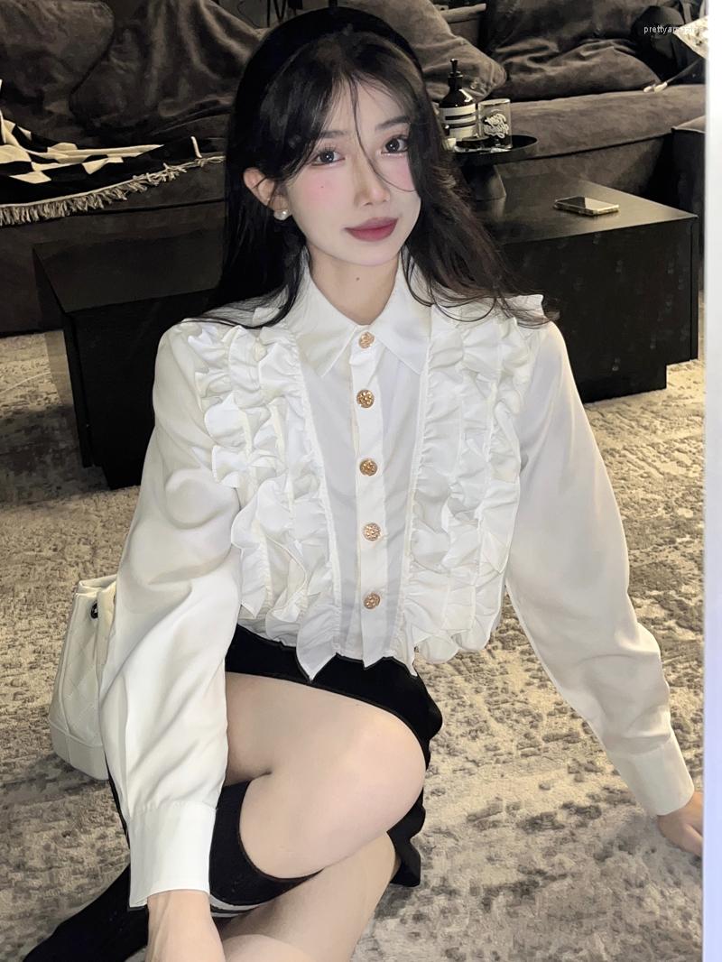 

Women' Blouses 2023 Spring Women White Blouse French Style Slim Waist Ruffles Short Design Shirt