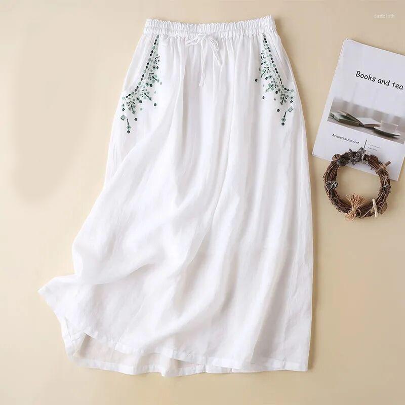 

Skirts Cotton Linen Embroidered Half Skirt 2023 Summer Women's Literary Retro Loose High Waist Temperament A Word Medium-length Sk, Orange