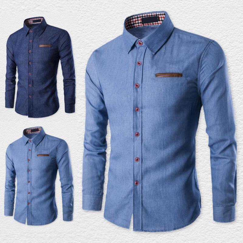 

Men's Casual Shirts Men Denim Shirt Solid Color Long Sleeve Jeans Slim Fit Breathable Top Men's Clothing For Work, Dark blue