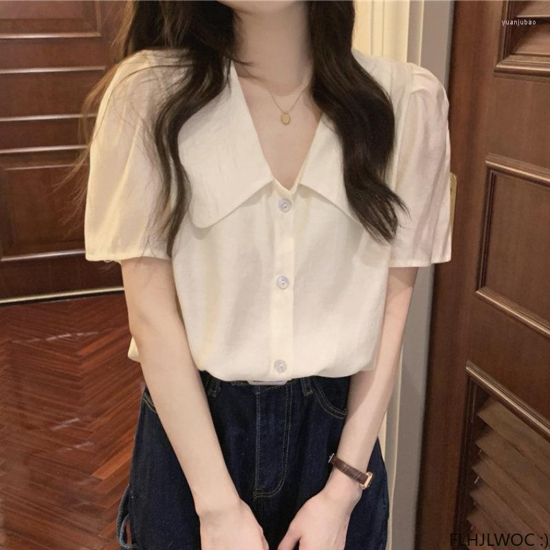 

Women's Blouses 2023 French Style Blue White Solid Tops Cute Girls Office Lady Single-Breasted Button Shirts Chic Korea Clothes, Light apricot