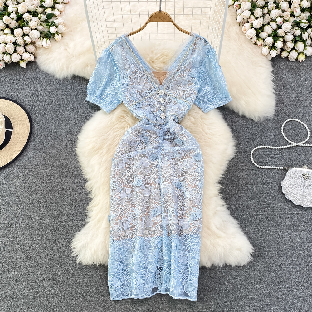 

Summer Luxury Celebrity Style Dress V-Neck with Diamond Bubble Short Sleeve High Waist Slim Super Immortal Embroidery Lace Dress, Blue