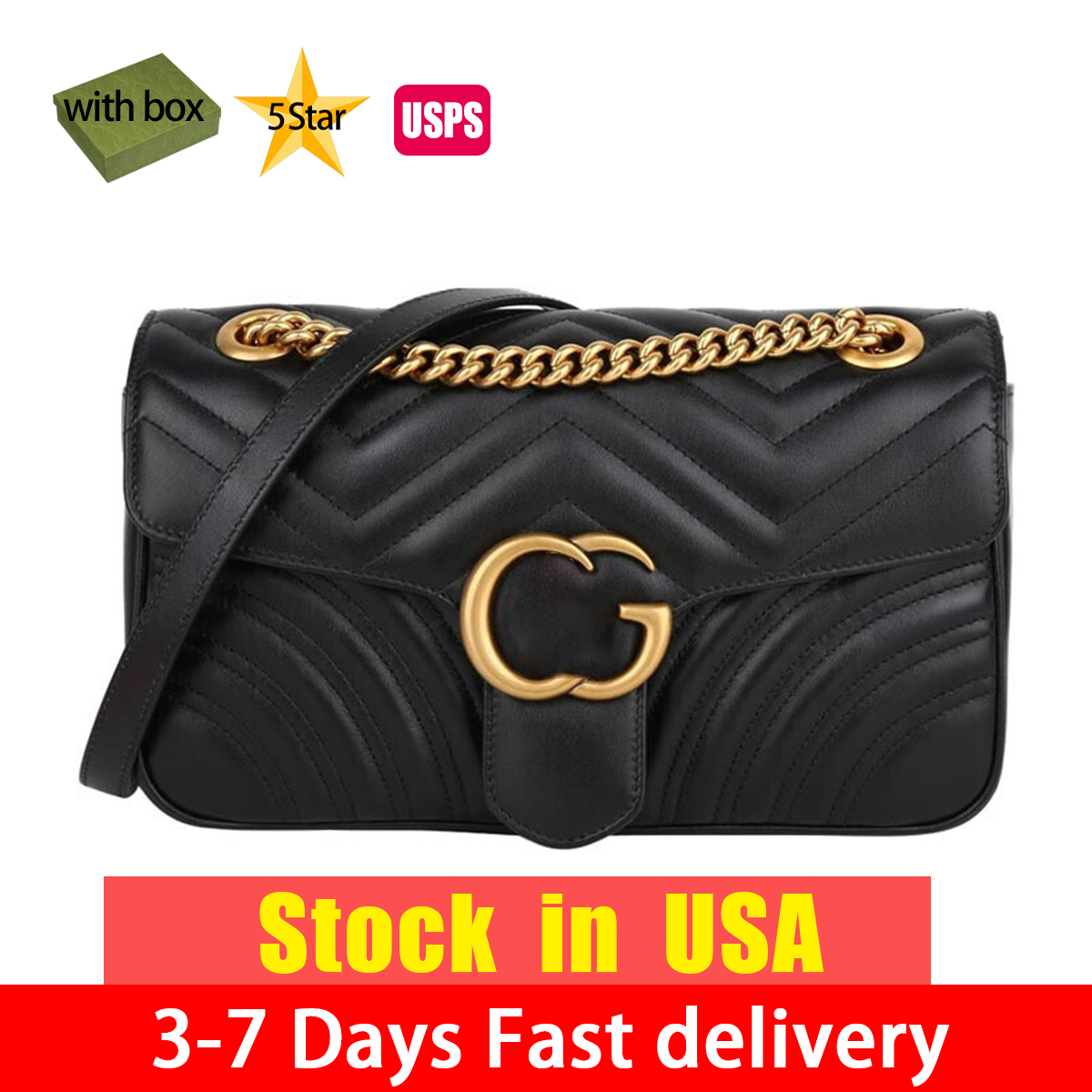 

Designer bags handbag tote bag Women Metal chain Fashion Marmont Classic Cross body 3 Sizes Luxuries Genuine Leather With Serial Number 2023 STOCK IN USA, Black 22cm