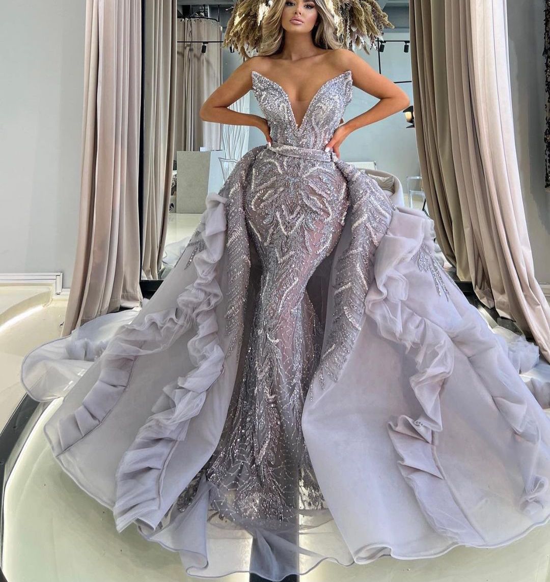 

Luxury Mermaid Evening Dresses Sleeveless V Neck Appliques Sequins Floor Length 3D Lace Detachable Train Beaded Prom Dress Formal Gown Plus Size Gowns Party Dress, Orange