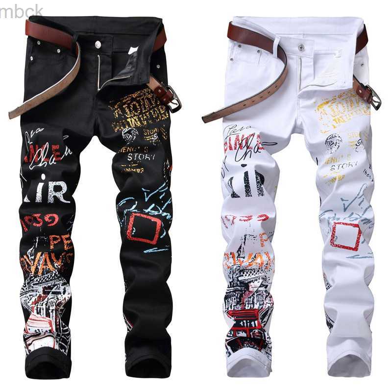 

Men's Pants High Street Fashion Mens Jeans Night Club Black White Color Personal Designer Printed Jeans Men Punk Pants Skinny Hip Hop Jeans