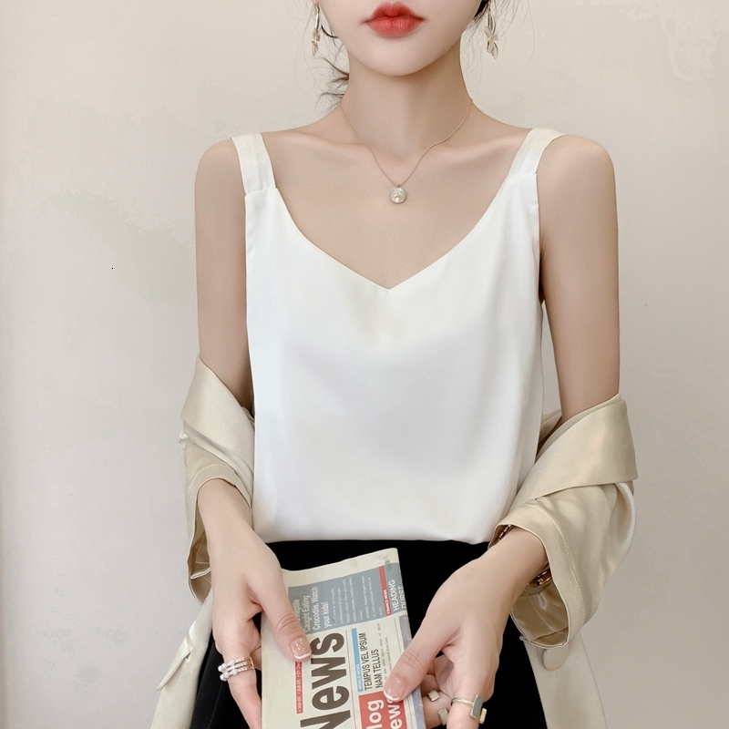 

Camisoles Tanks Silk Camisole Ladies Summer Suit Inside V-Neck Satin Bottoming Vest Thin Loose Sleeveless Sling Silk Tops Small Shirt Trend 230413, White