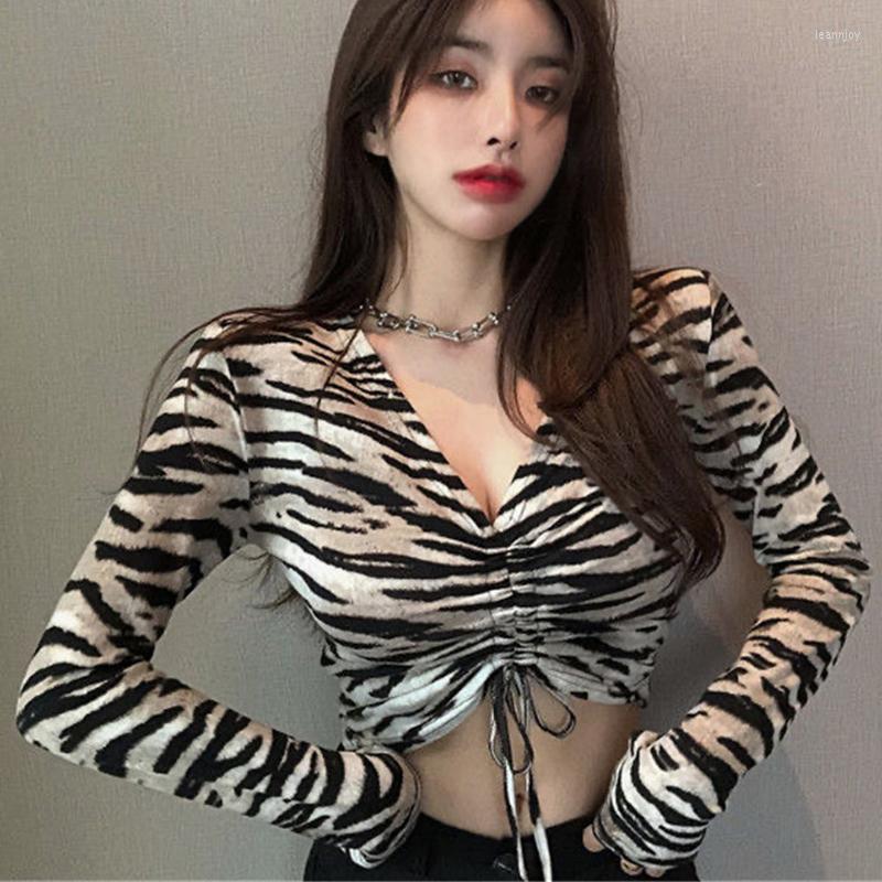 

Women's T Shirts Leopard Print Shirt Crop Tops Women Summer Autumn Long Sleeve V-Neck Short Tee Top Drawstring Slim Fashion Female, Gray