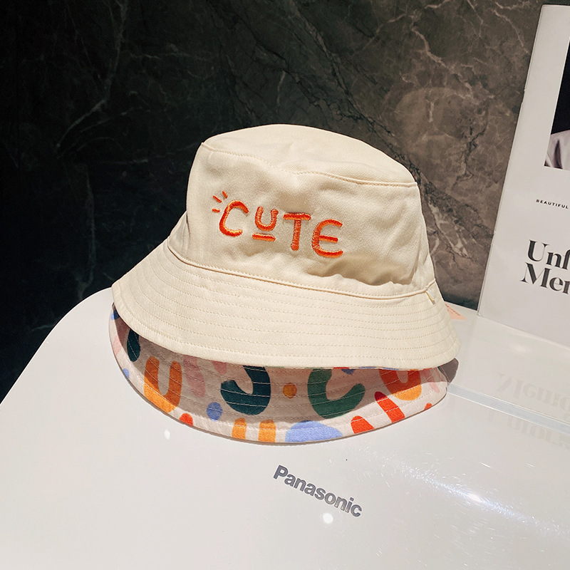 

Caps Hats Double Sided Cute Letter Embroidered Children Boys Girls Fisherman Panama Cap Summer Outdoor Kids Sun Gorras 230412, Beige