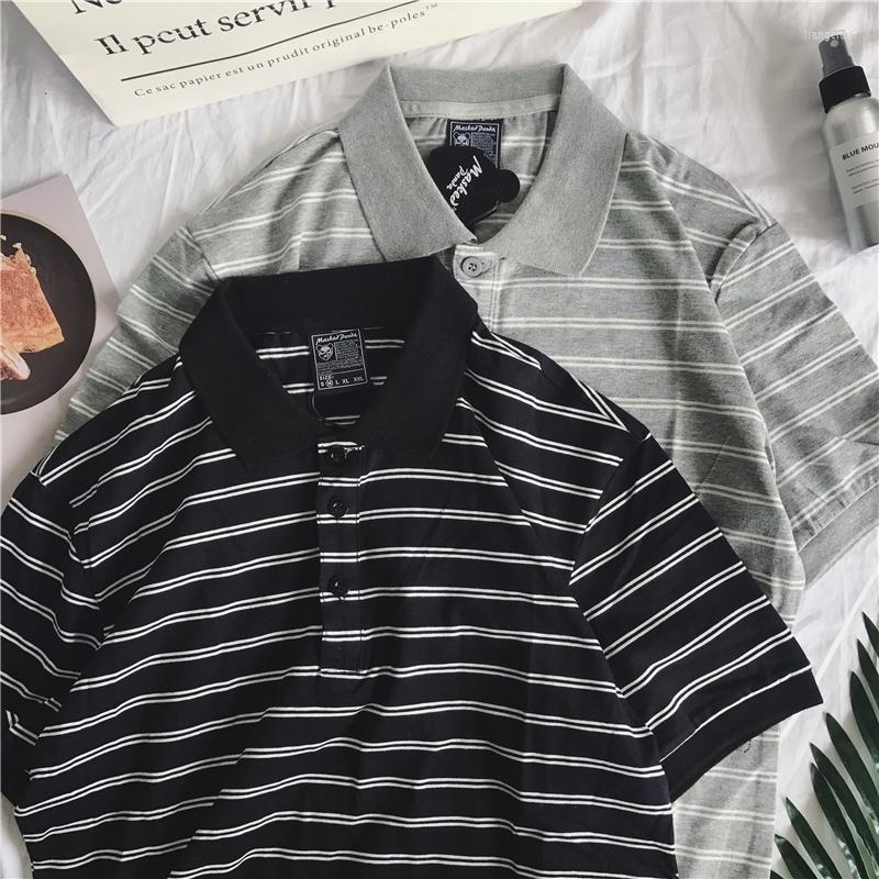 

Men's Casual Shirts Summer Men Classic Striped Polo Short Sleeve Sports Tops Turn-down Collar Pullover Buttons Couple Outfit, Black