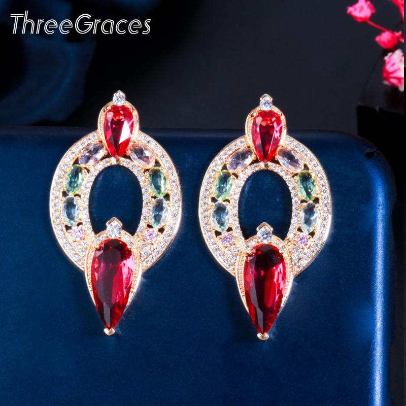 

Dangle Earrings & Chandelier ThreeGraces Classic Big Waterdrop Shape Ruby Red CZ Topaz Nigerian Gold Color Luxury Women Silver Jewelry ER577