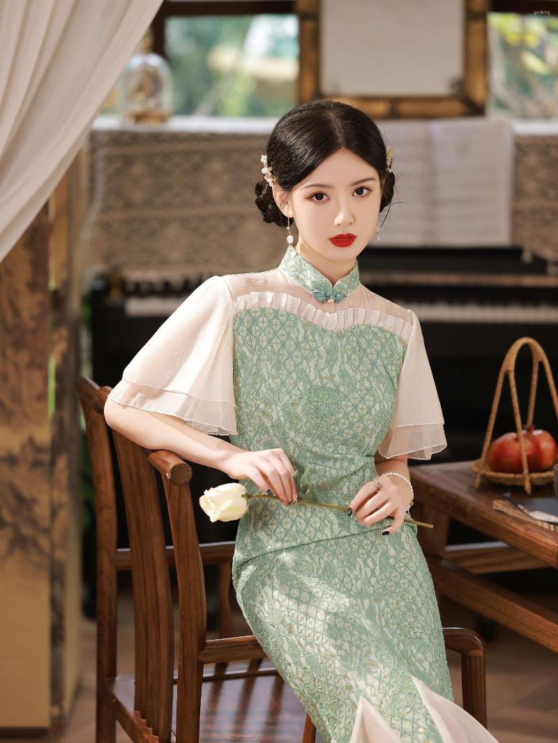 

Ethnic Clothing Women Oriental Green Qipao Chinese Style Retro Improved Fishtail Cheongsams Party Summer Dresses