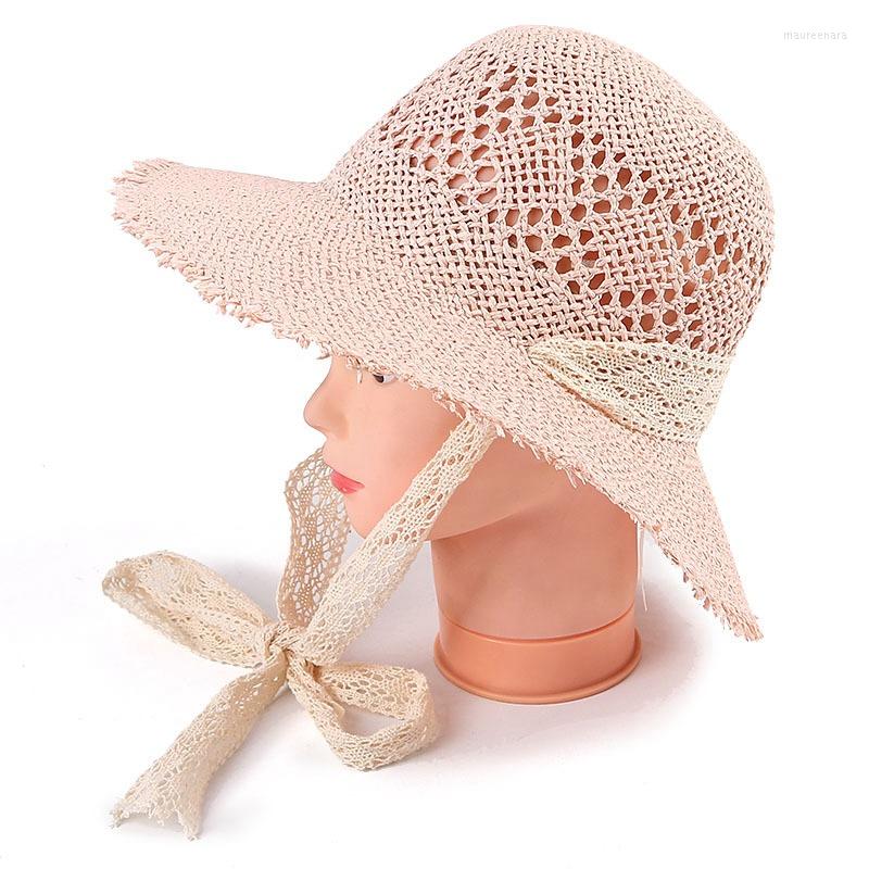 

Wide Brim Hats Hollow Out Shading Burrs Beach Hat Collapsible Bandage Outdoor Sun Protection Summer Women Straw Basin Cap, 01