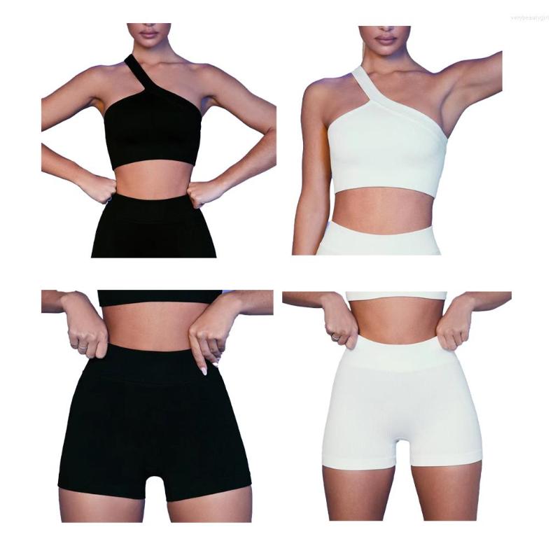 

Active Sets 2 Pieces Exercise Outfits Skin Friendly Sweat Proof Shorts With One Shoulder Leggings Crop Tops Gym Fitness Set Black Bra M, White shorts s
