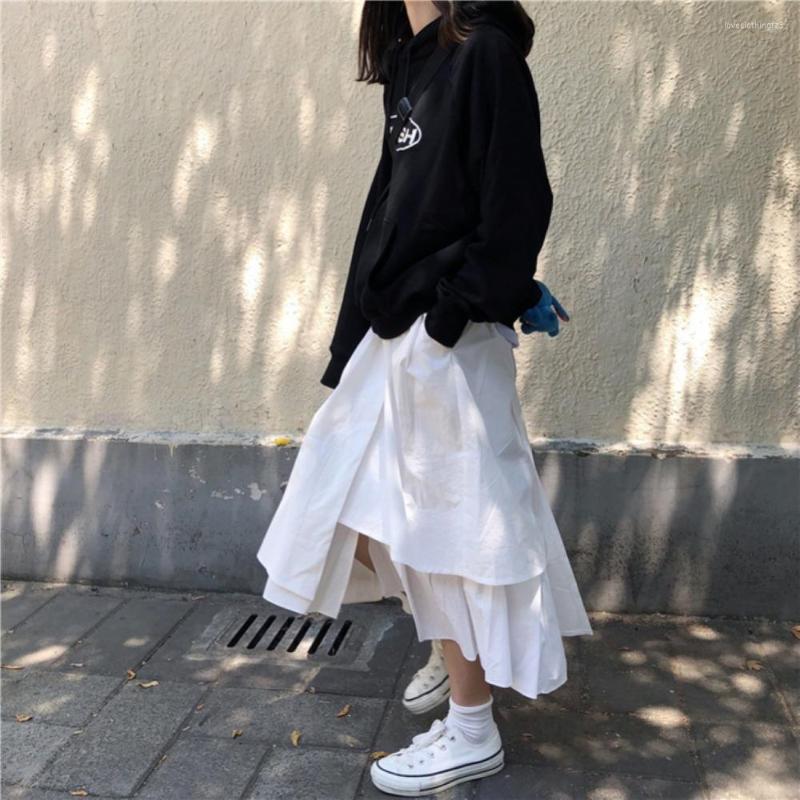 

Skirts Harajuku Women's Elegant Pleated Midi Skirt Lady Casual Solid Color Loose High Waist Irregular Hem Long, White