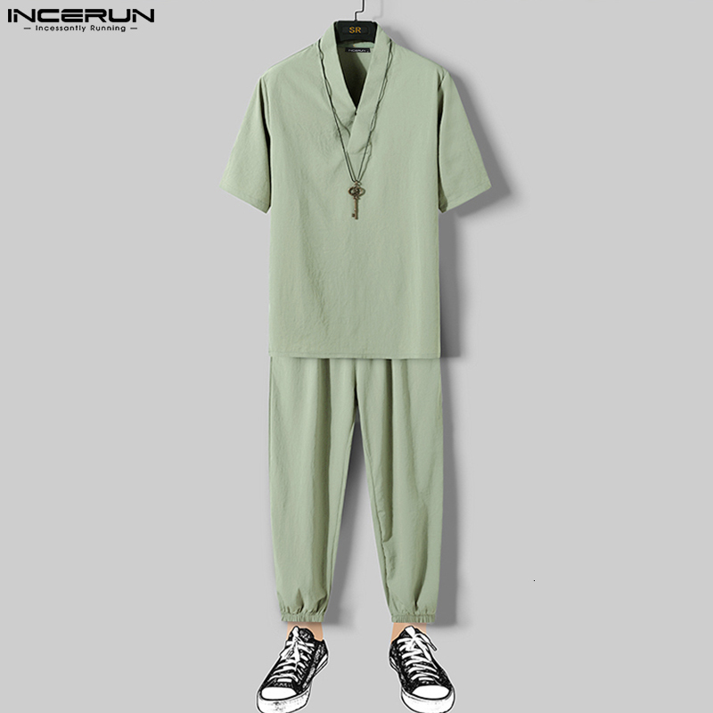

Men's Tracksuits Men Sets Solid Streetwear V Neck Short Sleeve Shirt Drawstring Pants 2PCS Vintage Cotton Harajuku Casual Suits INCERUN 230413, Grey
