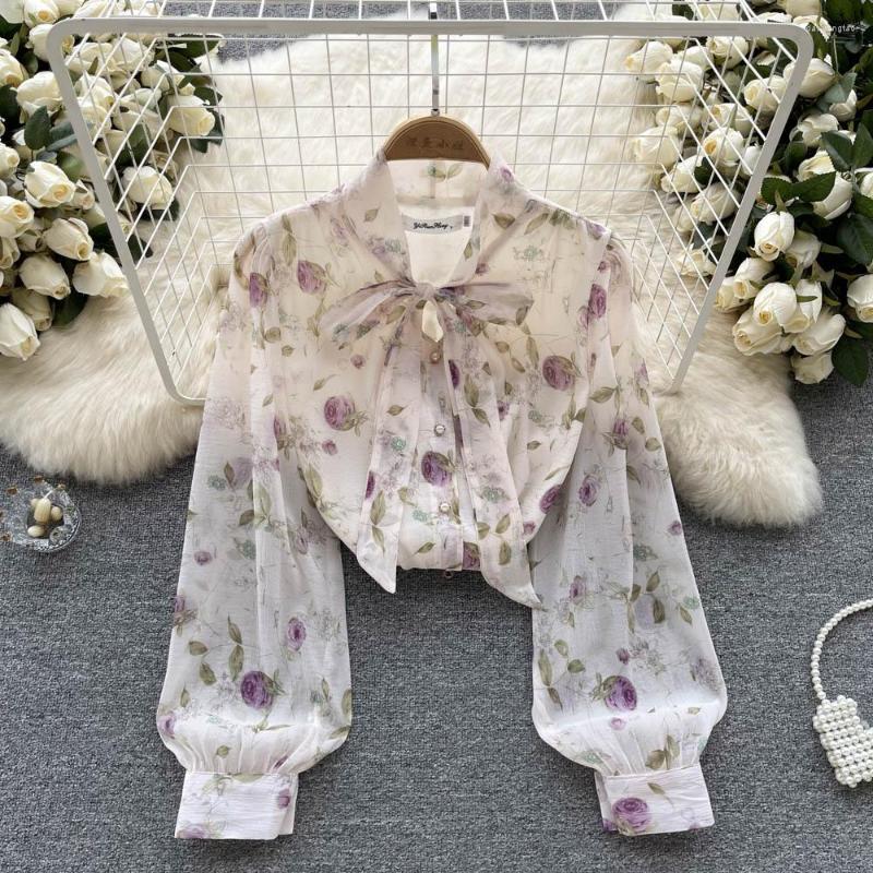 

Women's Blouses Vintage French Bow Collar Chiffon Shirt Women's Spring Summer Fashion Print Sweet Long Sleeve Blouse Tops Mujer K009, Beige