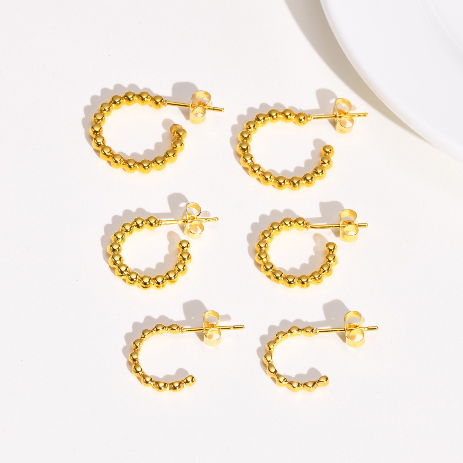 

Pair of Hoop Huggie Stainless Steel Beads C-shaped Earrings IP Gold Plated Jewelry Women Girls Simple Round Hoop Earrings