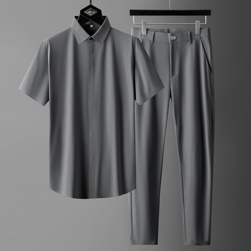 

Mens Tracksuits Minglu Summer Thin Mens Sets shirtspants Luxury Short Sleeve Soft Silky Casual Male Sets Fashion Slim Fit Business Man Suits 230413, Beige