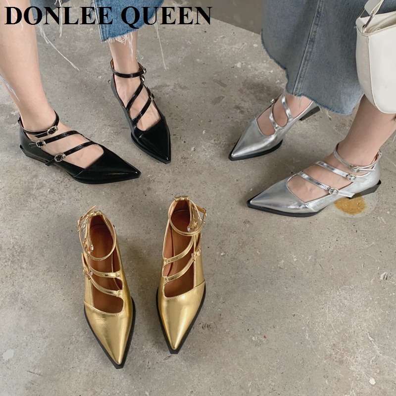 

Dress Shoes Autumn Flats Shoes Women Fashion Thick Heel Pointed Toe Buckle Strap Gold Sliver Mary Jane Shoes Female Ballerina Mujer 230413, Black