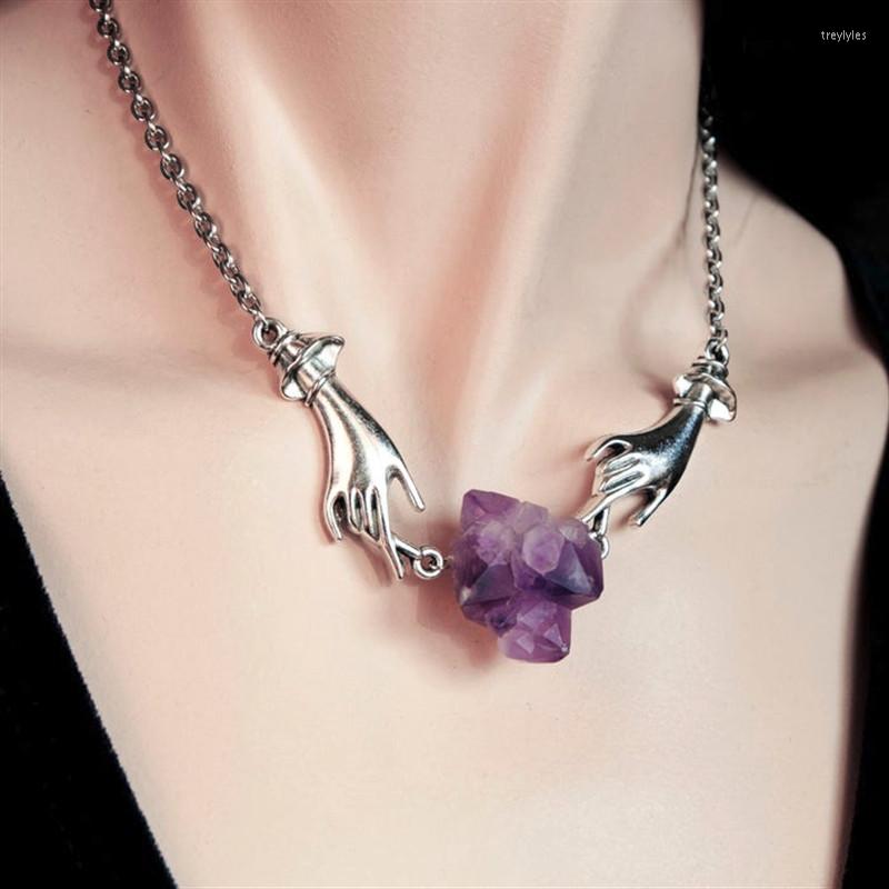 

Chains 24pcs/lot Hand Of God Alloy Necklace Natural Raw Stone Amethysts Crystal Choker Energy Jewelry Bulk Items Wholesale For Business
