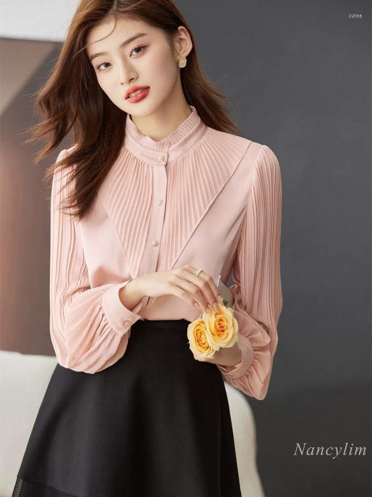 

Women's Blouses 2023 Spring Stand-up Blouse Office Women Long Sleeve Ol Professional Chiffon Shirt All-Matching Solid Color Top Blusas, Pink