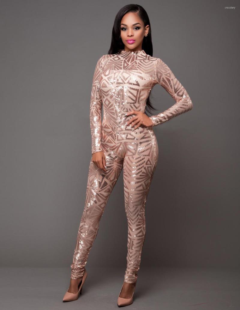

Women' Jumpsuits AHVIT Autumn Winter Sparkly Sequined Sexy Skinny Women O Neck Full Sleeve Length Bodysuit Party Romper YDN272, Beige