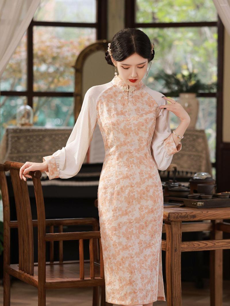 

Ethnic Clothing Elegant Traditional Long Sleeve Slim Qipao Women Vintage Floral Print Cheongsam Chinese Style Modern Dress