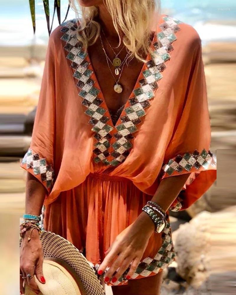 

Casual Dresses Geometric Patch Deep V-Neck Bohemian Dress Women Spring Summer High Mini Sexy, Orange