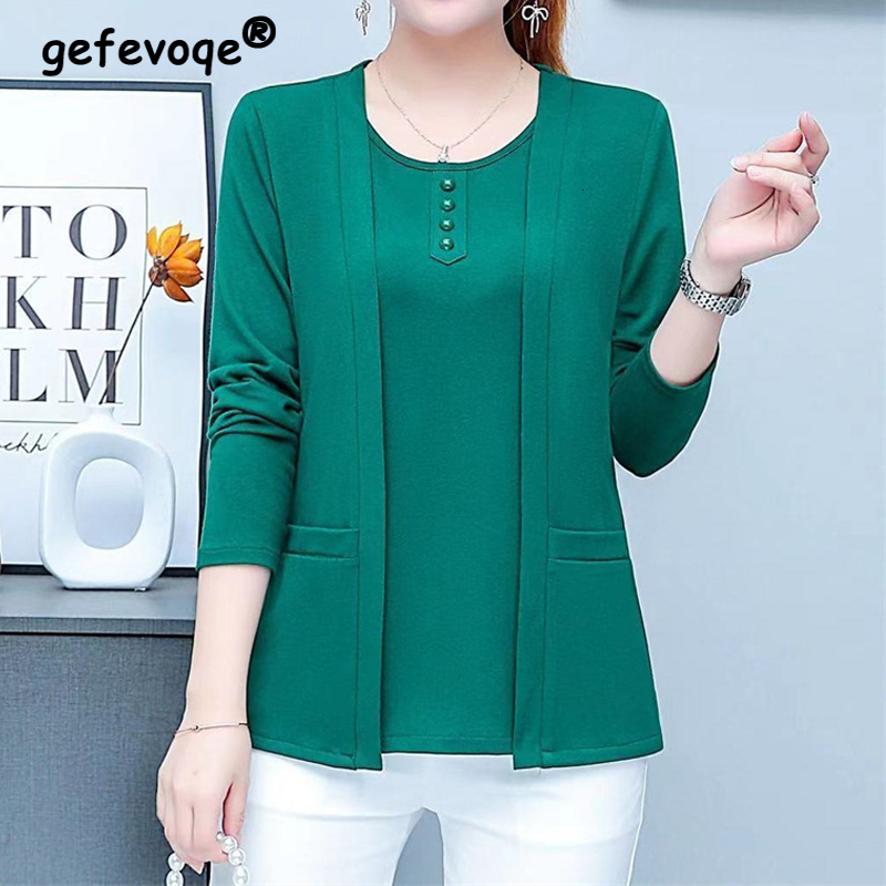 

Women's T-Shirt Korean Middle-aged Bottoming Shirt Spring Autumn Long-sleeve O Neck T-shirt Oversize 5XL Solid Color Pocket Casual Loose Top 230413, Green