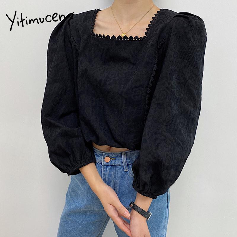

Women's Blouses & Shirts Yitimuceng Floral Blouse Women Oversized Shirt Korean Fashion Long Puff Sleeve Square Collar White Black Tops 2023