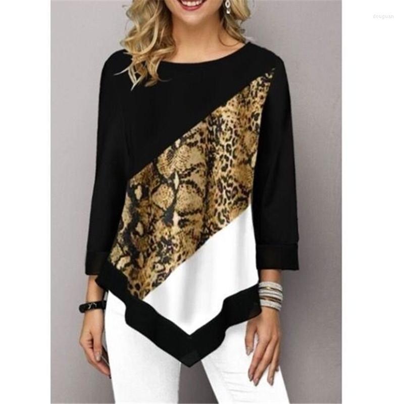 

Women' Blouses All Season Printed Women Patchwork Leopard Shirts 3/4 Sleeve Irregular Hem Casual Loose Round-Neck Female Shirt Tops, Ysx1966 green