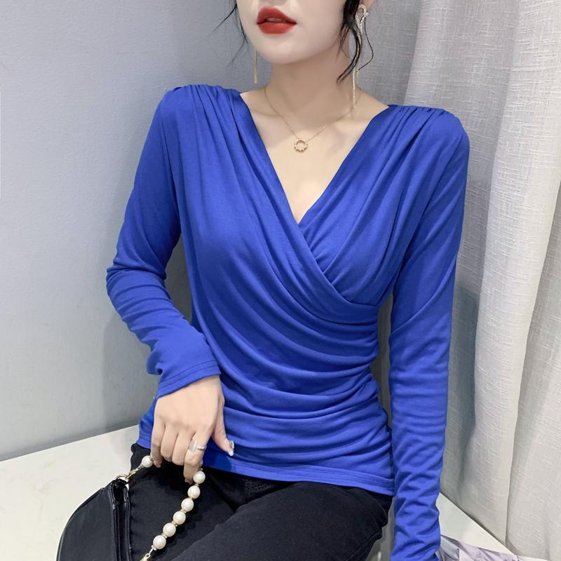 

Women' T Shirts Fall Winter European Clothes Solid T-Shirt Chic Sexy V-Neck Cross Draped Women' Tops Long Sleeve Bottoming Shirt 2023, Black