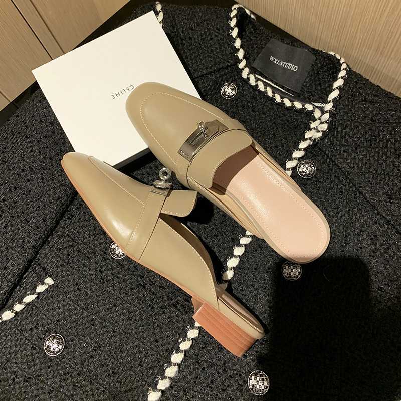

Elephant grey button Baotou half slipper female British style square head thick heel low Muller SHOES BEIGE, Elephant gray