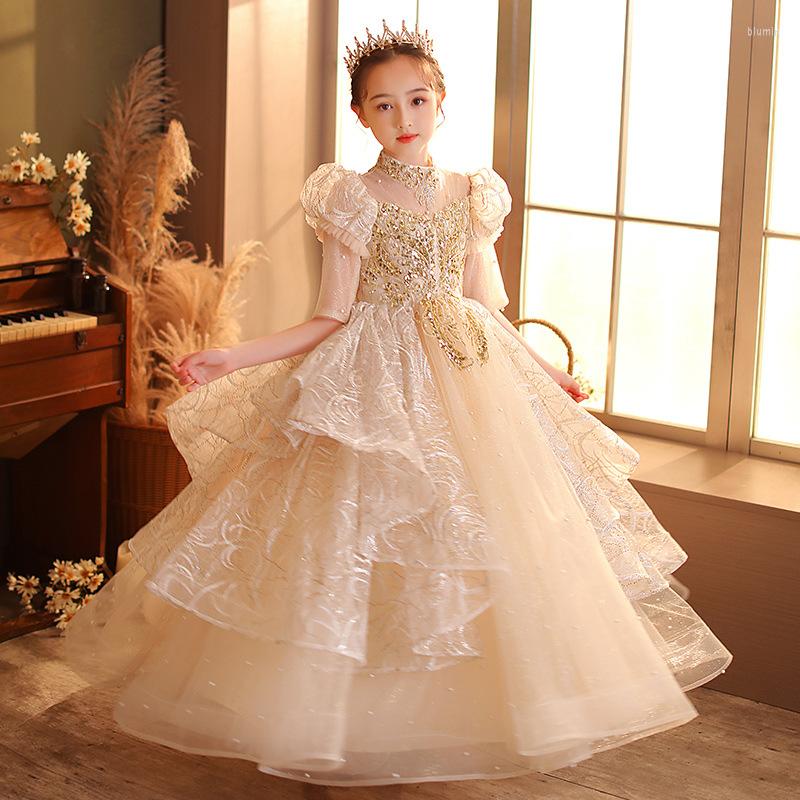 

Girl Dresses Sequin Lace Princess Dress For Birthday Wedding Bridesmaid Teen Elegant Formal Performance Costume Evening Party Gown, Champagne