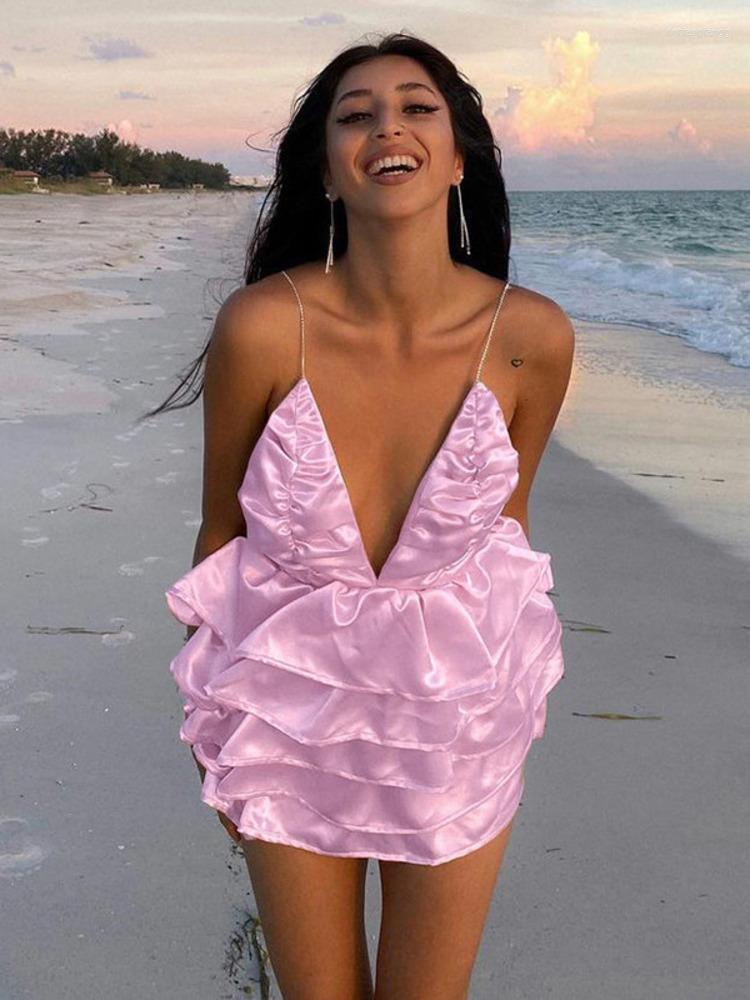 

Casual Dresses Mozision Diamond Chain Spaghetti Strap Mini Dress For Women Robe 2023 Spring Deep V Neck Sleeveless Sexy Party Short, Pink