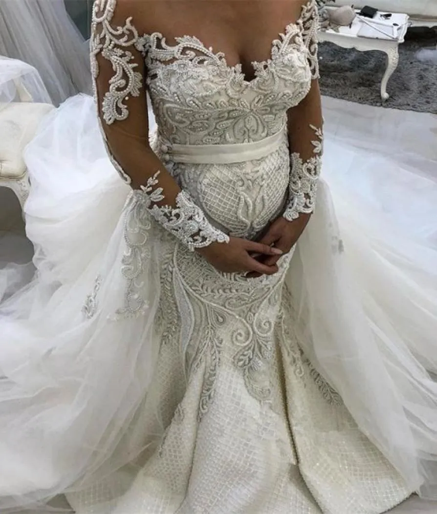 

2023 Gorgeous Long Sleeves Mermaid Wedding Dresses Bridal Gown Lace Applique Beaded with Detachable Train Ruffles Custom Made Vestidos de novia Plus Size, Nude