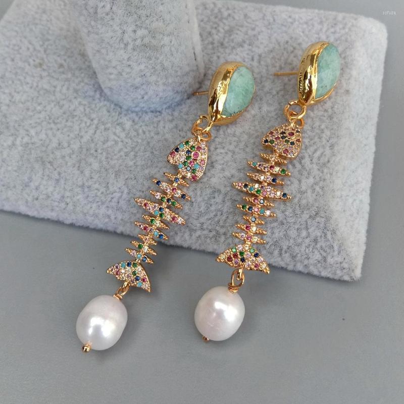 

Stud Earrings KKGEM 9x11mm Natural Cultured White Rice Pearl Multi Color Cz Pave Fish Bone Green Amazonite Dangle Ring