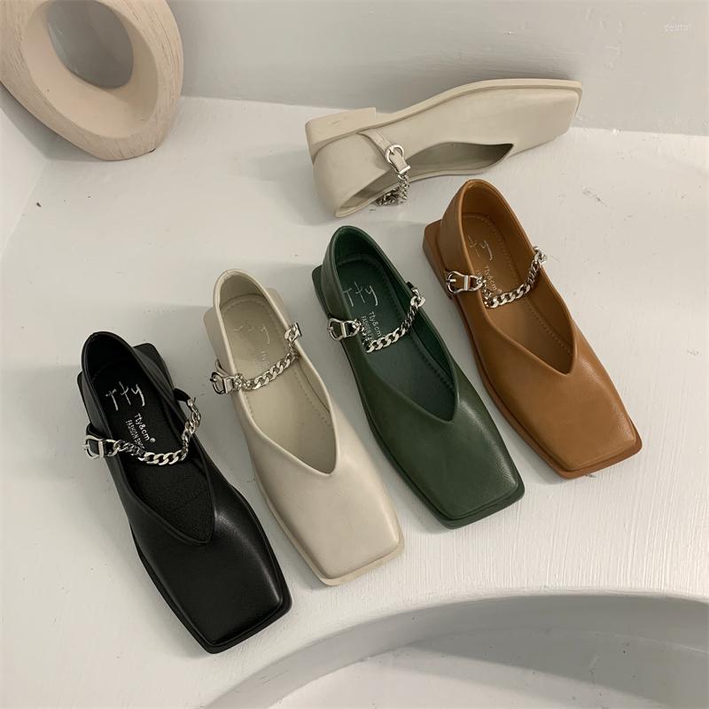 

Dress Shoes High Quality Metal Chain Mary Jane Ladies Square Toe Chunky Heel Casual Women Wedding Party Pumps Flats A27-77, Apricot